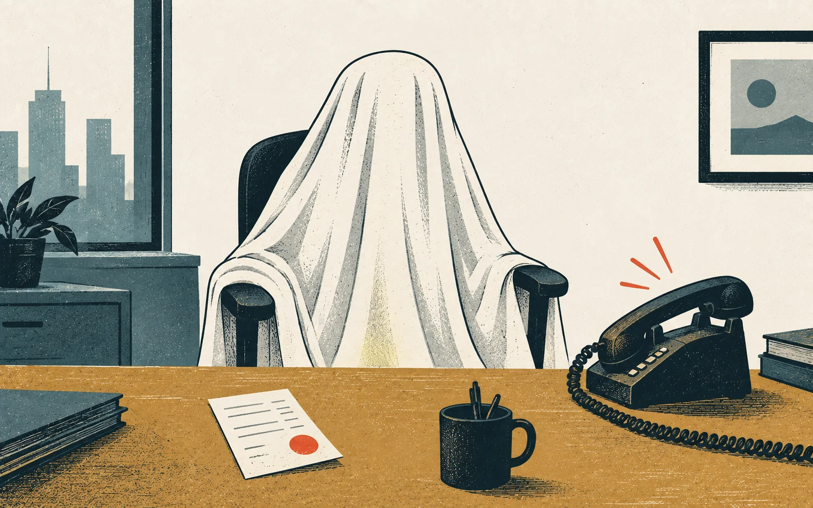 An office chair draped in a white sheet like a ghost, beside a ringing desk phone