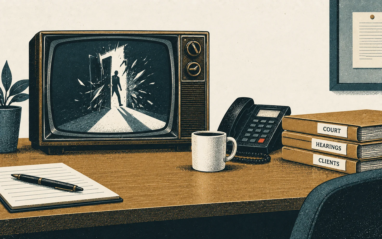 A vintage TV showing a dramatic door-breach scene on an office desk beside a phone, coffee and court files