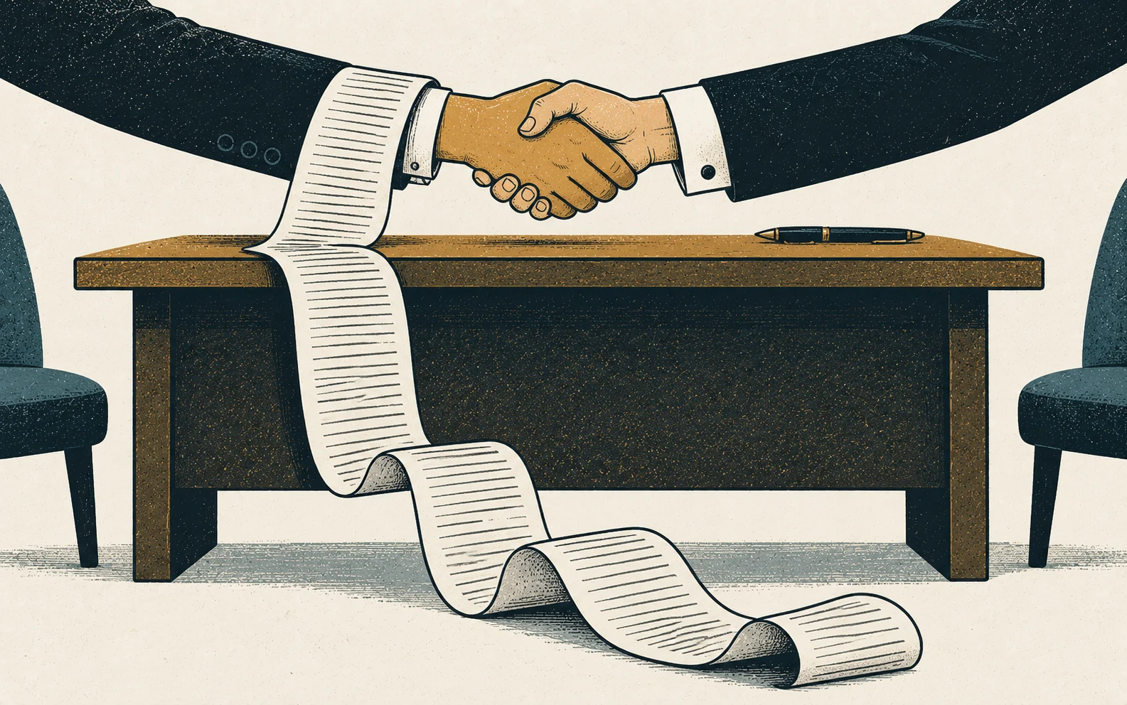 Two hands shake across a desk while a long scroll of fine print spills onto the floor