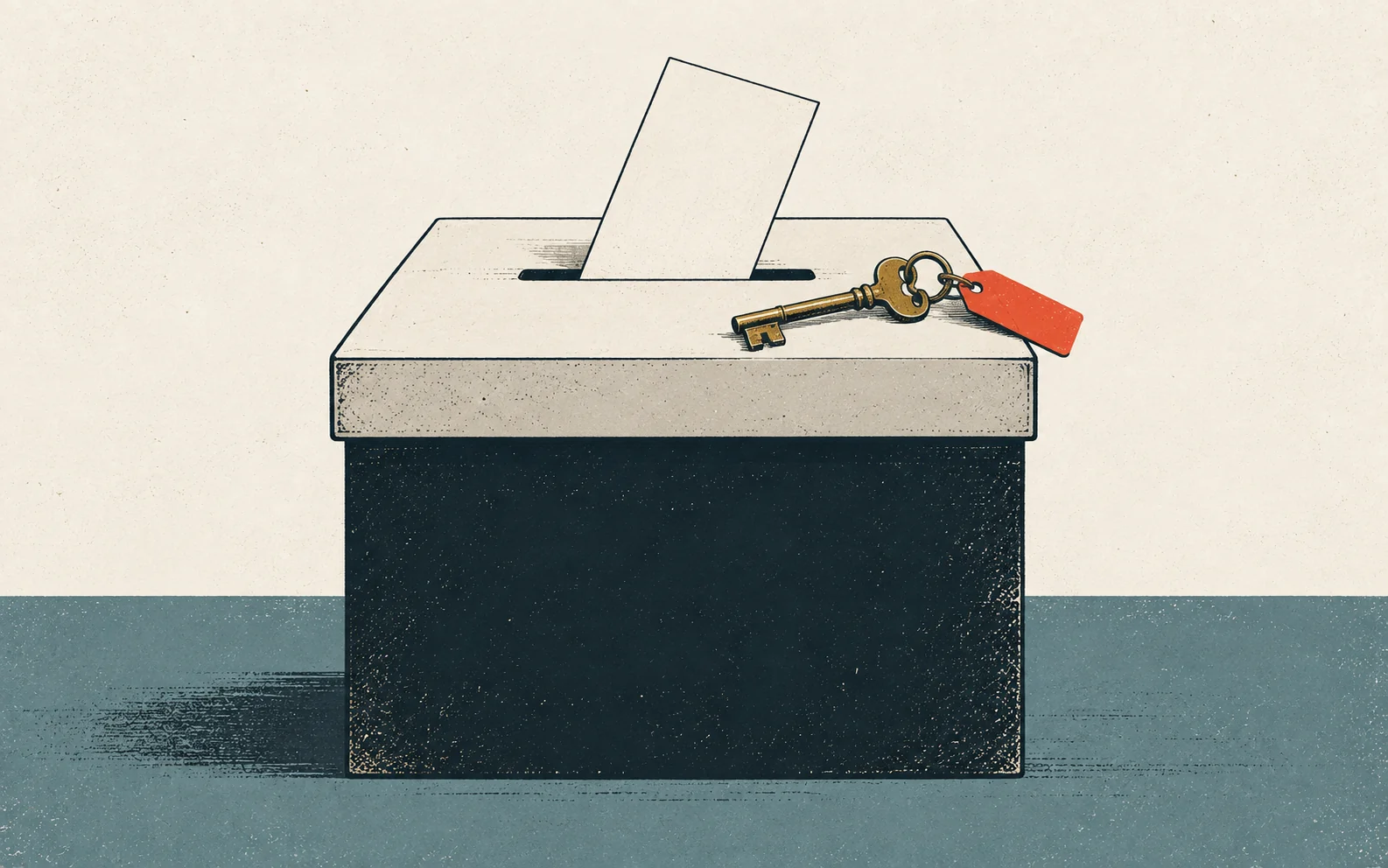 A ballot slip dropping into a ballot box, a brass key with a red tag resting on the lid