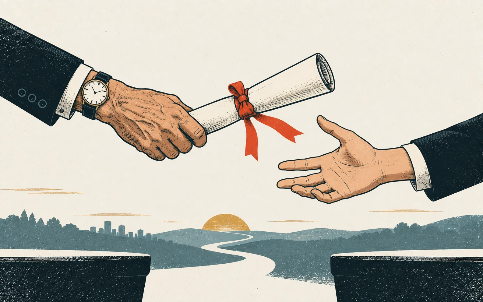 An older hand passes a rolled document tied with red ribbon to a younger outstretched hand