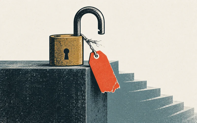 An open padlock on a ledge with a torn red price tag, a staircase descending behind it