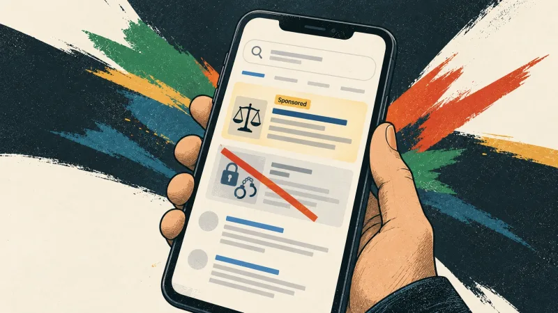 A phone shows a search page where a lawyer's sponsored ad sits on top and a bail bond listing is crossed out.