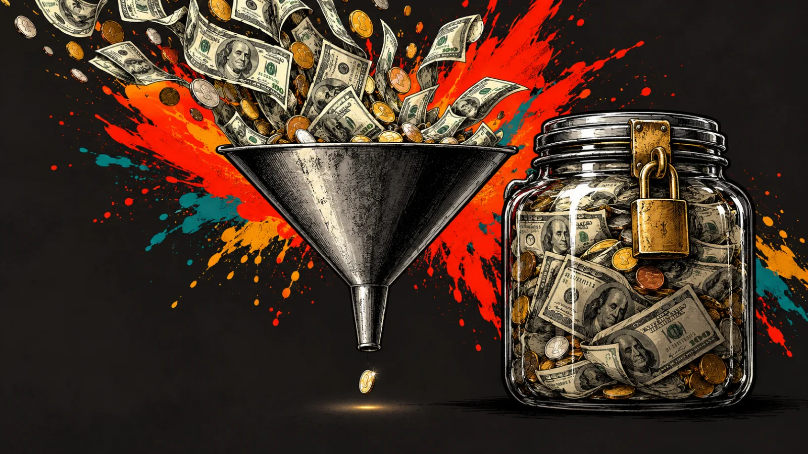 A funnel takes in a pile of dollar bills and coins and lets out a single coin, beside a padlocked glass jar full of cash.